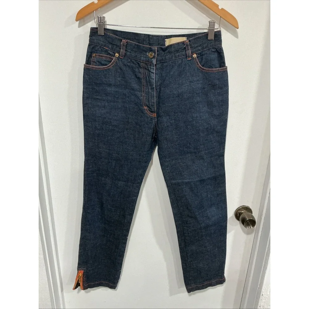 Michael Kors Collection Made In Italy Indigo Denim Jeans, Gold Ankle Zip, 6